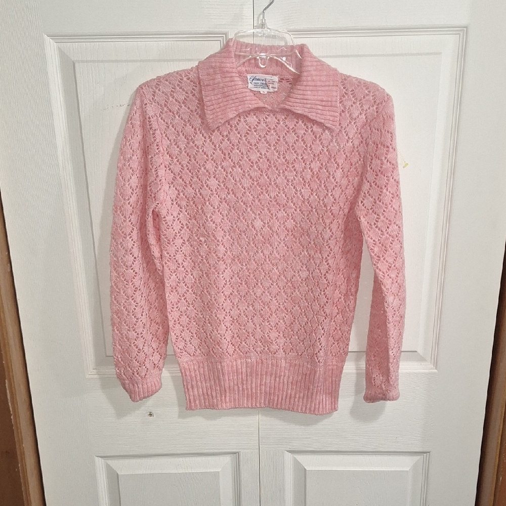 Vintage 80s Glamour Knit Soft Pink Heathered Collared Sweater - L